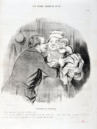 Charivari von 1848: Serie Les beaux jours de la vie. Der Besuch bei der Amme - Lass uns Papa küssen, kleines Kind Liebling - Er will heute nicht, aber normalerweise... MUSEUM OF FINE ARTS - PALACE LONGCHAMP, MARSEILLE von Honoré Daumier