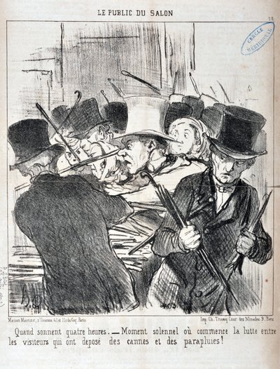 Wenn es vier Uhr schlägt - feierlicher Moment, in dem der Kampf zwischen den Besuchern beginnt, die Stöcke und Regenschirme abgelegt haben von Honoré Daumier