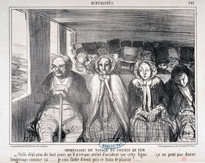 Werk von Honore Daumier (1808-1879) Charivari aus dem Jahr 1855: Serie Actualites de voyage en railroad - „Hier ist mehr als acht Tage, dass es keinen Unfall auf dieser Strecke gegeben hat... es kann nicht lange so bleiben... Es tut mir leid, diesen Zug ge von Honoré Daumier
