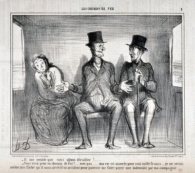 Werk von Honore Daumier (1808-1879). Charivari aus dem Jahr 1857: Serie LES RAILWAYS „Es scheint mir, dass wir entgleisen werden!... Haben Sie Angst auf der Eisenbahn?... ich nicht... mein Leben ist für hunderttausend Francs versichert... ich möchte mir ni von Honoré Daumier