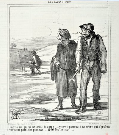 Charivari von 1864: Serie LES LANDSAGISTS. - In diesem hier ist ein lustiger Körper... zeichnet ein Porträt eines Baumes, der nur Äpfel produziert... er ist verrückt danach! MUSEUM OF FINE ARTS - PALACE LONGCHAMP von Honoré Daumier
