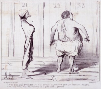 Karikatur über Erscheinungen. Serie „Die Badenden“: „Sag Papa Drouillet...“ von Honoré Daumier