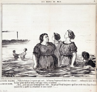 Karikatur über Erscheinungen und Mode. Serie „Les Bains de Mer“: „Die dünne Dame (...), die dicke Dame (...)“. Gravur von Honoré Daumier (1808-1879). Auszug aus der Zeitung „Le Charivari“ vom 16. September. von Honoré Daumier