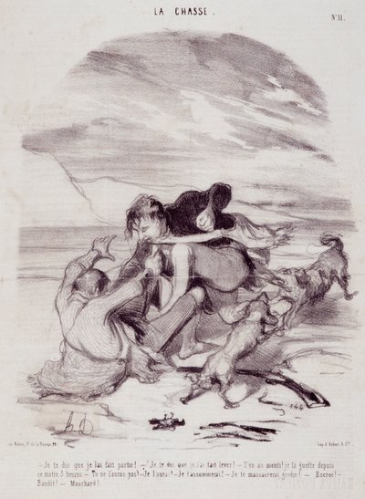 Karikatur über Jäger. Serie „Die schönen Tage des Lebens - Die Jagd“: „Ich sage dir, ich habe ihn vertrieben...“ Gravur von Honore Daumier (1808-1879). Auszug aus der Zeitung „Le Charivari“ vom 10. Januar von Honoré Daumier