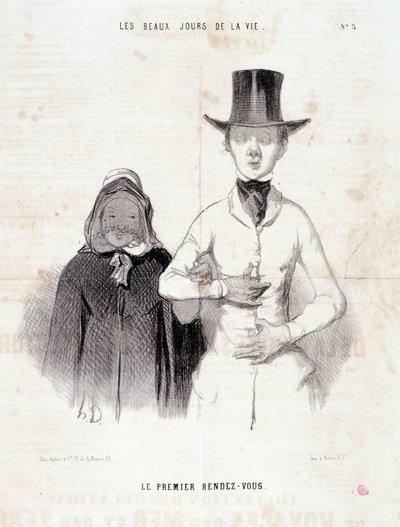 Karikatur über das Paar: Serie „Die schönen Tage des Lebens“: „Das erste Date“. Gravur von Honoré Daumier (1808-1879). Auszug aus der Zeitung „Le Charivari“, 2.-3. Januar. von Honoré Daumier