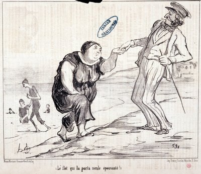 Karikatur über Touristen im Urlaub. Serie Ax Bains de Mer: Die Flut, die es zurückbrachte, erschreckend! Gravur von Honore Daumier. Auszug aus der Zeitung Le Charivari von Honoré Daumier