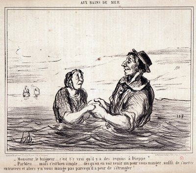 Karikatur über Touristen im Urlaub. Serie „aux Bains de Mer“: „Monsieur le bathneur... ist es wahr, dass es Haie in Dieppe gibt?...“ Gravur von Honore Daumier (1808-1879). Auszug aus der Zeitung „Le Charivari“ am 8. Juni von Honoré Daumier