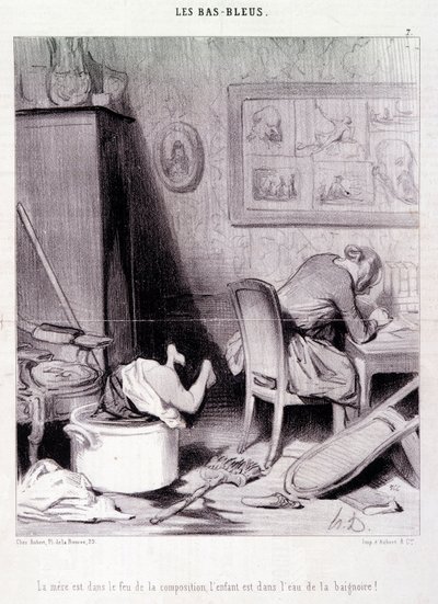 Karikatur über Schriftstellerinnen. Serie „Bas Bleus“: „Die Mutter ist im Feuer der Komposition, das Kind im Wasser des Bades!“ von Honoré Daumier