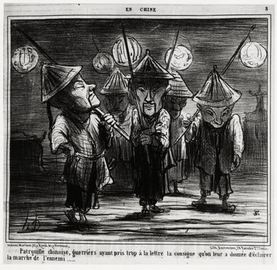 Chinesische Patrouille, Krieger, die die ihnen gegebenen Anweisungen zu wörtlich genommen haben, um den Marsch des Feindes zu beleuchten. In der Serie En Chine, Illustration von Honore Daumier (1808-1879), veröffentlicht in „Charivari“, datiert 25. Januar von Honoré Daumier