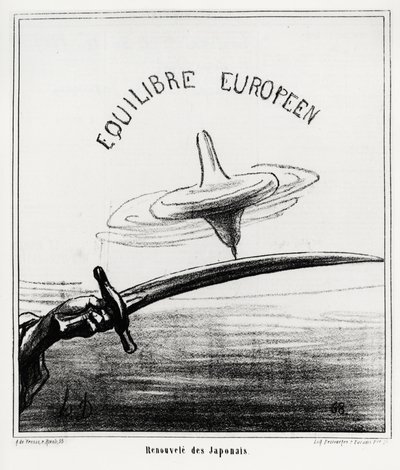 Europäische Balance: Japanische Wiederbelebung. Kurz nach der Wiederherstellung des kaiserlichen Regimes in Japan, nach dem Rücktritt des Tokugawa-Shogunats im November 1867. Illustration von Honore Daumier (1808-1879), veröffentlicht in den Nachrichten, „ von Honoré Daumier
