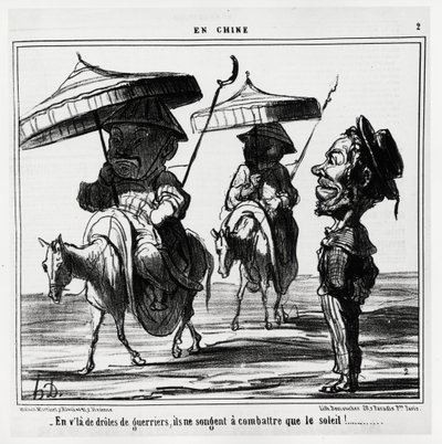 Diese lustigen Krieger denken nur daran, die Sonne zu bekämpfen. In der Serie En Chine, Illustration von Honore Daumier (1808-1879), veröffentlicht in „Charivari“, datiert 8. Januar von Honoré Daumier
