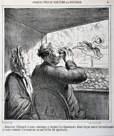 Herr Colimard, wenn Sie die Tänzerinnen weiterhin auf so unangemessene Weise betrachten, werde ich Sie vor dem Ende der Vorstellung nach Hause bringen. Gravur von Honore Daumier in Le Charivari. Palais Longchamp, Musee des Beaux Arts de Marseille von Honoré Daumier