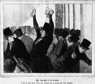 Panik an der Börse. Es war vergeblich, dass Aktien angeboten wurden, jeder nahm sie weg: aus „Actualites“, einer Serie von Karikaturen über die Börse von Honore Daumier. Charivari von Honoré Daumier