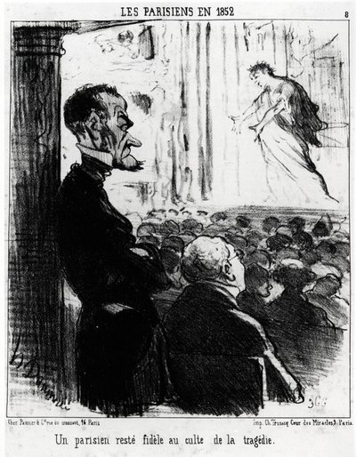 Pariser im Jahr 1852: ein Pariser bleibt dem Kult der Tragödien treu. Illustration von Honoré Daumier (1808-1879), veröffentlicht in Charivari, datiert 26. Januar 1852 von Honoré Daumier