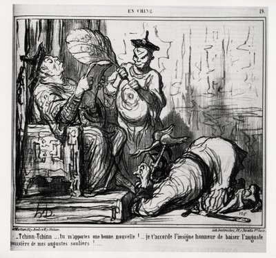 Tchinn Tchinn... Du bringst mir gute Nachrichten! Ich gewähre dir die große Ehre, den erhabenen Staub meiner erhabenen Schuhe zu küssen. In der Serie En Chine, Illustration von Honore Daumier (1808-1879), veröffentlicht in „Charivari“, datiert 7. Dezember von Honoré Daumier