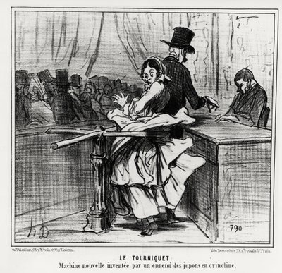 Weltausstellung: das Drehkreuz: eine neue Maschine, erfunden von einem Feind der Reifröcke. Illustration von Honore Daumier (1808-1879), veröffentlicht in den Nachrichten, „Charivari“, datiert 26. Juni 1855 von Honoré Daumier