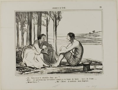 „- Ziehst du dich nicht an? - Nein... Ich bleibe den ganzen Tag in meiner Badebekleidung, außerhalb des Schwimmbeckens. - Auch im Winter? - Dann setze ich meinen Hut auf!“, Platte 28 aus Croquis D