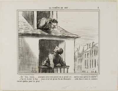 „- Hallo, Nachbar... was war das für ein Geschrei... hast du den Kometen gesehen? - Ich dachte, ich hätte ihn dort drüben gesehen... aber dann war es nur das Feuer aus einem Schornstein... diesmal sind wir mit einem Schrecken davongekommen,“ Platte 3 aus L von Honoré Victorin Daumier
