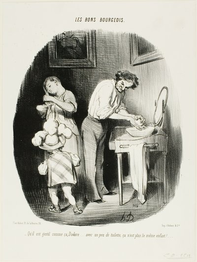 „- Ist er nicht süß so, Dodore... mit ein wenig Aufräumen ist er einfach nicht mehr dasselbe Kind!...“, Platte 37 aus Les Bons Bourgeois von Honoré Victorin Daumier