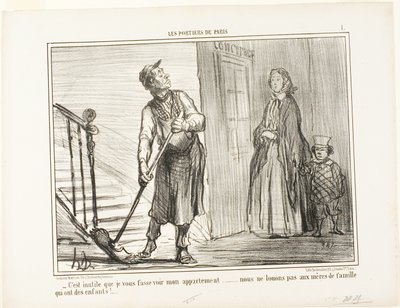 „- Es ist sinnlos, Ihnen meine Wohnung zu zeigen. Wir vermieten nicht an Mütter mit Kindern,“ Platte 1 aus Les Portiers De Paris von Honoré Victorin Daumier