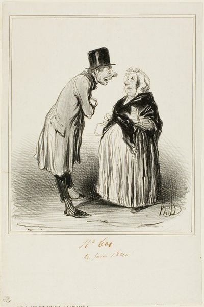 „- Nun ja, es stimmt, die Tochter von Mame Chopin hat gestern den Sohn von Durand geheiratet. Ich habe gerade mit dem jungen Mann gesprochen und nach dem, was er mir (im vollen Vertrauen) erzählt hat, muss sie vor ihm einige seltsame gehabt haben…,“ Tafel  von Honoré Victorin Daumier