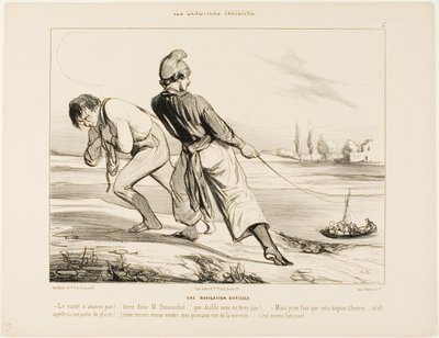 Eine schwierige Navigation. "- Das Boot bewegt sich nicht! Zieh Dumouchel, zieh.... warum zum Teufel ziehst du nicht! - Aber ich mache seit drei Stunden nichts anderes!.... und das nennt man einen Vergnügungsausflug! Ich würde lieber meine Pflaumen in der  von Honoré Victorin Daumier