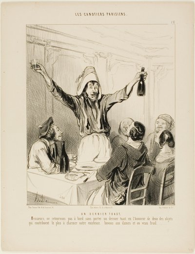 Ein letzter Toast! „Meine Herren, lassen Sie uns nicht an Bord zurückkehren, ohne einen letzten Toast zu Ehren der beiden Dinge, die unser Leben am meisten verzaubern... trinken wir auf die Damen und kaltes Kalbfleisch!“, Tafel 18 aus Les Canotiers Parisie von Honoré Victorin Daumier