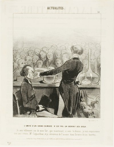 Freundschaft mit einem großen Chemiker ist nicht immer ein Segen... „Ich bin mir meiner Ergebnisse so sicher, dass ich jetzt meinen besten Freund, Herrn Coquardeau, vergiften werde, und ich werde Arsen in seiner Brille finden“, Platte 39 aus Émotions Paris von Honoré Victorin Daumier