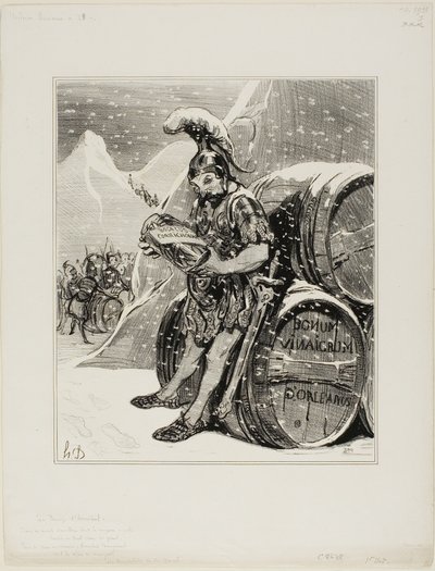 Hannibals Überquerung. Diese hohen Berge, wo der gekrönte Schnee der weißen Stirn eines Riesen ähnelt, zittern, um eine Straße zu schmieden, mit einem triumphierenden Lied verwandelte Hannibal die Alpen in Cornichon. (Les Occidentals von Herrn Quinet), Pla von Honoré Victorin Daumier