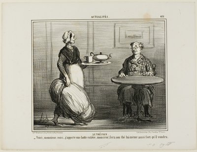 Kräutertee. „- Hier, Monsieur, ich dachte, ich bringe gleich das ganze Heubündel mit, damit Sie selbst über die Stärke Ihres Tees entscheiden können,“ Platte 416 aus Actualités von Honoré Victorin Daumier