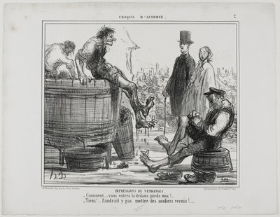 Eindrücke von der Weinlese. „- Was! Sie treten barfuß? - Na und... Sie würden nicht wollen, dass wir es in unseren Tanzschuhen tun!“, Platte 2 aus Croquis D