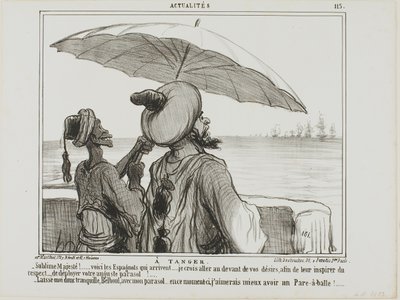 In Tanger. „- Erhabene Majestät... die Spanier kommen... um sie zu erschrecken, habe ich mir die Freiheit genommen, Ihren Regenschirm vollständig zu öffnen als Zeichen Ihrer Größe! - Lass mich in Ruhe mit meinem Regenschirm, Belboul... ich hätte lieber ein von Honoré Victorin Daumier