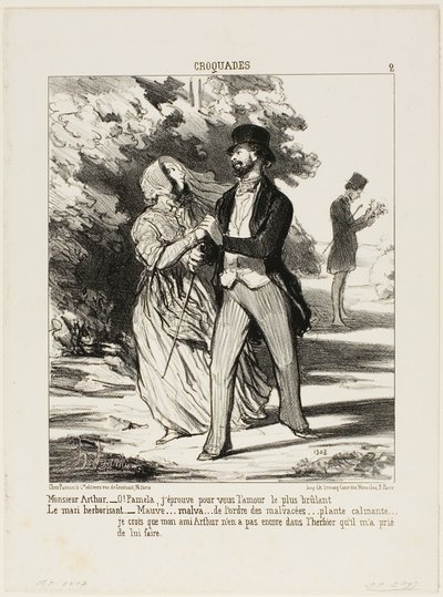 Monsieur Arthur: „- Oh Pamela! Ich brenne vor Liebe zu dir!“ Der Ehemann Kräuterhändler: „- Eine Malve... aus der Familie der Malvaceae... ein Beruhigungsmittel... Ich glaube nicht, dass mein Freund Arthur dieses Exemplar im Herbarium hat, das er mich gebe von Honoré Victorin Daumier