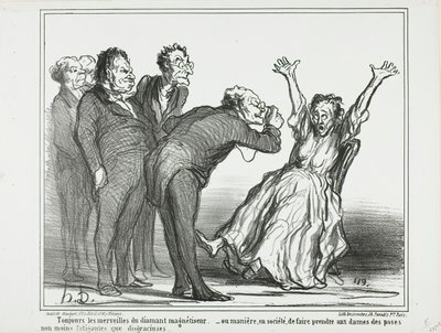 Weitere Wunder des Diamanthypnotiseurs. Oder, wie man die Damen in der Gesellschaft in erschöpfenden und nicht sehr anmutigen Positionen posieren lässt, Platte 137 aus Actualités von Honoré Victorin Daumier