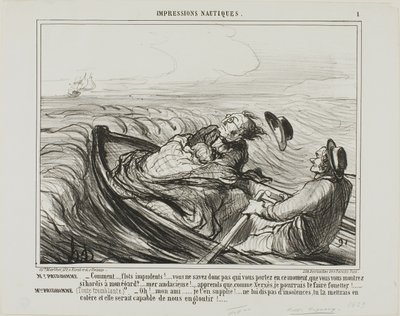 Herr Prudhomme: "- Unverschämte Wellen... wisst ihr nicht, wen ihr in diesem Moment tragt?... oh kühn... wisst, ich werde euch wie Xerxes schrecklich peitschen. Mme Prudhomme: (zitternd vor Angst) "- Bitte, mein lieber Freund, beleidige das Meer nicht läng von Honoré Victorin Daumier