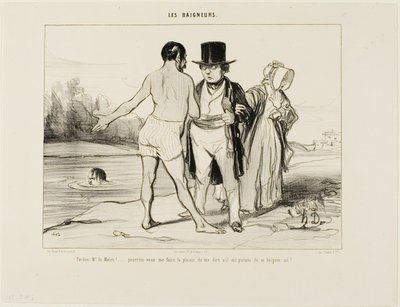 „Entschuldigen Sie, Herr Bürgermeister... wären Sie so freundlich, mir zu sagen, ob Schwimmen hier erlaubt ist?“, Platte 25 aus Les Baigneurs von Honoré Victorin Daumier