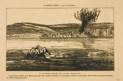 Philosophische Betrachtungen eines Liebhabers stiller Freuden. Auf dem Rücken eine Stunde in einem ruhigen Nebenfluss der Marne mit wenig Wasser, einigen Seerosen und vielen Fröschen treiben: Das macht einen Mann glücklich!, aus Les Baigneurs von Honoré Victorin Daumier