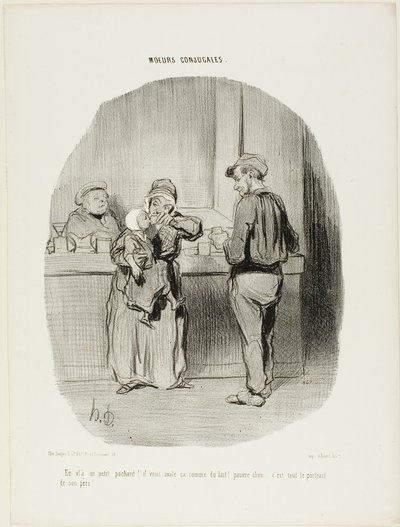 „Regelrechter kleiner Trinker, er ist!... er schluckt es wie Milch! Armer kleiner Liebling... er ist genau wie sein Vater!“, Platte 42 aus Moeurs Conjugales von Honoré Victorin Daumier
