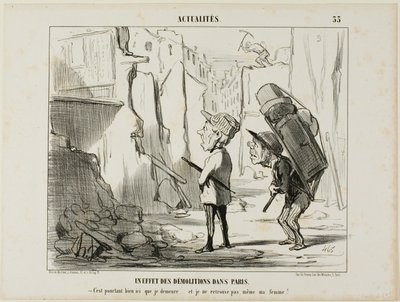 Ergebnis des Abrisses von Gebäuden in Paris. „- Nach all dem habe ich hier gewohnt... und ich kann nicht einmal mehr meine Frau finden,“ Platte 55 aus Actualités von Honoré Victorin Daumier