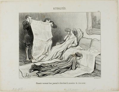 Abonnenten, die versuchen, mit ihrer Zeitung zurechtzukommen, Platte 115 aus Actualités von Honoré Victorin Daumier