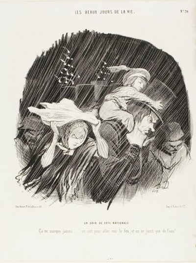 Der Abend des Nationalfeiertags. Es schlägt nie fehl... man geht raus, um das Feuerwerk zu sehen, und alles, was man bekommt, sind Tränen!, Platte 20 aus Die besten Tage im Leben von Honoré Victorin Daumier