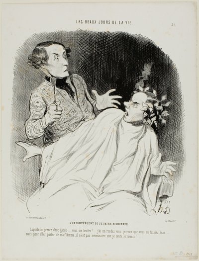 Die Unannehmlichkeit, seine Haare gelockt zu bekommen. „Oh verdammt... pass auf... du verbrennst mich... ich treffe jemanden und möchte gut aussehen... aber um meine brennende Leidenschaft zu erklären, muss ich nicht verbrannt riechen!“, Platte 3 von Honoré Victorin Daumier