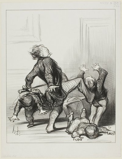 Der Einfluss des Friedenskongresses. „Oh ihr Schurken, ihr kämpft wieder... ihr wisst immer noch nicht, dass der Mensch in Frieden leben und Herr seiner selbst sein sollte,“ Platte 8 aus Actualités von Honoré Victorin Daumier