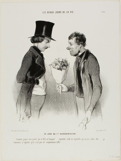 Die Eröffnungsnacht! „Was! Sogar mein Pförtner bietet mir Blumen an!... Um Himmels willen, diese Komödie wird mich ein Vermögen kosten... Ich beginne zu bereuen, dass sie nicht gleich von der Bühne gebuht wurde,“ Tafel zwölf aus Les beaux jours de la vie von Honoré Victorin Daumier