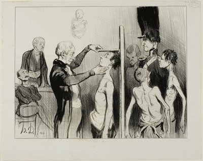 Das Rekrutierungsbrett. „Ist es nicht ein herrlicher Anblick: diese edlen jungen Franzosen voller Eifer, Stärke und Eleganz, bereit, ihre Ehre unter den Fahnen des Mars zu verteidigen“, Platte 35 aus Caricatures Du Jour von Honoré Victorin Daumier