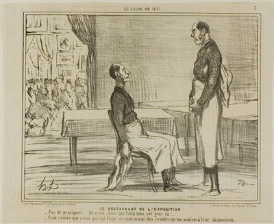 Das Restaurant auf der Ausstellung. „- Überhaupt keine Kunden... sind diese Leute nicht hungrig? - Ich denke, die Hungrigen essen die angebotenen Snacks,“ Tafel 3 aus Le Salon De 1857 von Honoré Victorin Daumier
