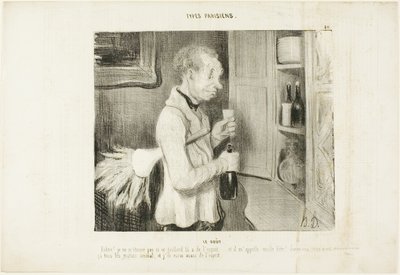 Der Geschmack. „Wow! Ich bin nicht mehr überrascht, warum dieser Kerl so temperamentvoll ist... und er nennt mich ein altes Biest! Lass mich jeden Morgen einen davon haben, und ich werde auch voller Geist sein,“ Platte 40 aus Types Parisiens von Honoré Victorin Daumier