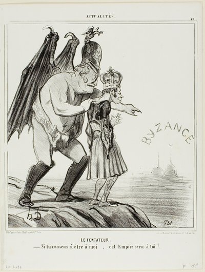 Der Versucher. „- Wenn du einwilligst, mir zu gehören... wird dieses Reich dein sein,“ Platte 40 aus Actualités von Honoré Victorin Daumier