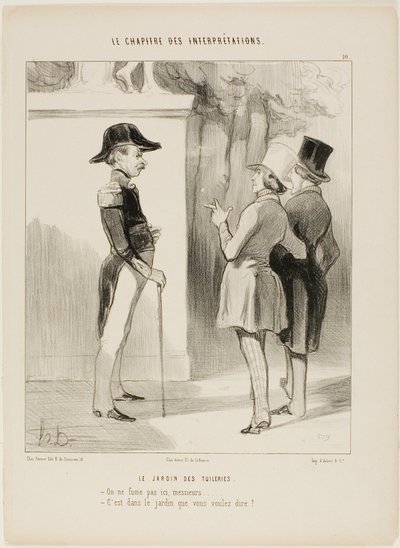 Die Tuileriengärten. „- Hier ist Rauchen verboten, Sir! - Meinen Sie im Garten?“, Platte 10 aus Le Chapitre Des Interprétations von Honoré Victorin Daumier