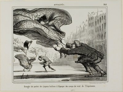 Die Gefahr des Tragens von Reifröcken während eines plötzlichen Frühlingssturms, Platte 26 aus La Crinolomanie von Honoré Victorin Daumier